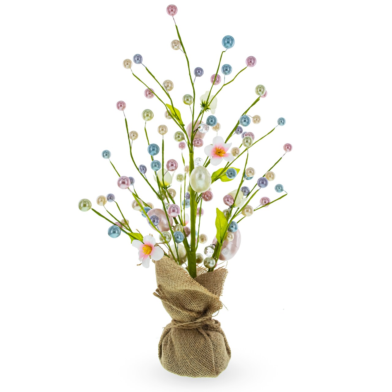Easter Berry & Egg Floral Branch Arrangement – Rustic Spring Tabletop Centerpiece with Burlap Base 17.5 Inches Tall